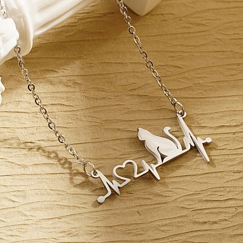 Stylish Stainless Steel Hollow Heart Cat Pendant Necklace for Daily Wear