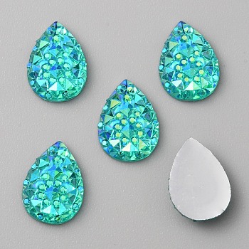 Opaque Resin Rhinestone Cabochons, Faceted, Diamond Teardrop, Blue Zircon AB, 14x10x3mm
