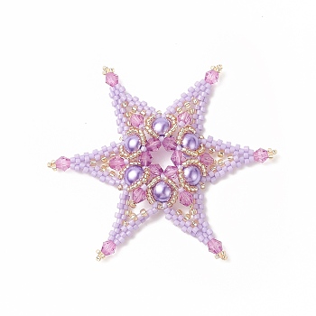 Handmade Loom Pattern Seed Beads, with Baking Painted Pearlized Glass Pearl Round Beads, Star Pendants, Lilac, 64x64x6mm