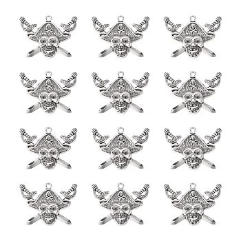 Tibetan Style Alloy Pendants, Cadmium Free & Lead Free, Pirate Style Skull, Antique Silver, 43x34x5mm, Hole: 3mm
