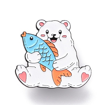 Bear with Fish Enamel Pin, Animal Alloy Enamel Brooch for Backpack Clothes, Electrophoresis Black, White, 26x28x10.5mm, Pin: 1mm.