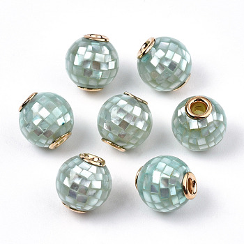 Natural White Shell Beads, with Brass Findings, Round, Dyed, Aquamarine, 10.5~11x10mm, Hole: 2mm