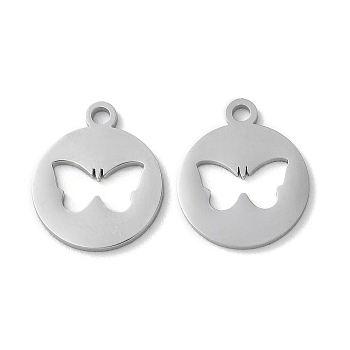 304 Stainless Steel Charms, Laser Cut, Flat Round with Butterfly Charms, Stainless Steel Color, 14.5x12x1mm, Hole: 1.6mm