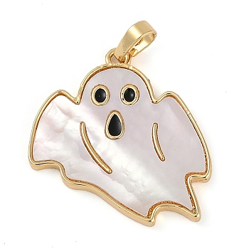 Halloween Rack Plating Brass Enamel Pendants, with Pave Shell, Long-Lasting Plated, Lead Free & Cadmium Free, Real 18K Gold Plated, Ghost, 27x24.8x2mm, Hole: 5x3.5mm