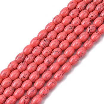 Baking Painted Drawbench Glass Bead Strands, Oval, Salmon, 8x6~6.5mm, Hole: 1mm, about 100pcs/strand, 31.4 inch
