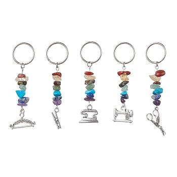 Tibetan Style Zinc Alloy Keychains, with Synthetic & Natural Mixed Gemstone and Iron Split Key Rings, Mixed Shapes, 7.2~8.7cm, Pendants: 52~66x4~24x2~5mm