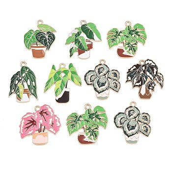 Alloy with Enamel Pendants, Green Potted Plants Charms, Light Gold, Mixed Color, 26.5~28x19.5~27x1mm, Hole: 2mm