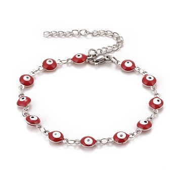 Enamel Oval with Evil Eye Link Chains Bracelet, 304 Stainless Steel Jewelry for Women, Stainless Steel Color, Red, 6-1/2 inch(16.5cm)