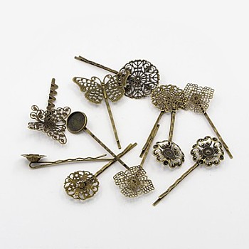 Brass Hair Bobby Pin Findings, Mixed Style, Antique Bronze, 63~70x16~31x1~2mm
