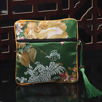 Square Chinese Style Cloth Tassel Bags, with Zipper, for Bracelet, Necklace, Green, 11.5x11.5cm