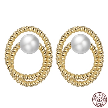 925 Sterling Silver Ring Stud Earrings with Pearl Beaded, with S925 Stamp, Golden, 18mm
