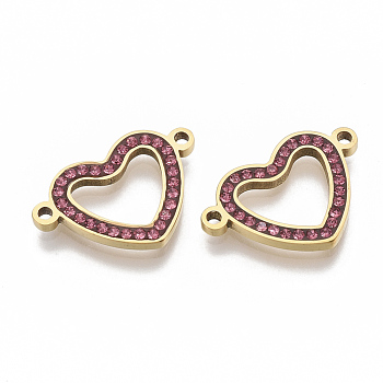 304 Stainless Steel Links connectors, with Rhinestone, Heart, Golden, Rose, 14x21x2mm, Hole: 1.5mm
