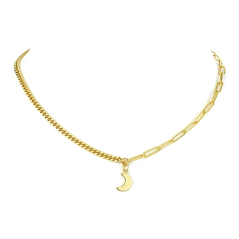Brass Pendant Necklaces with Curb & Paperclip Chains, Golden, Moon, 17.68 inch(44.9cm), Pendant: 13x8mm