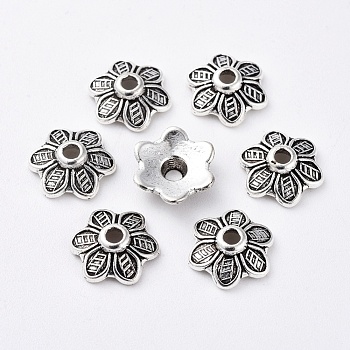 Tibetan Style Bead Caps, Lead Free and Cadmium Free, Flower, Antique Silver, 10.5mm diameter, 3.5mm thick, hole: 2mm