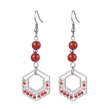 304 Stainless Steel Linking Ring Dangle Earring, Natural Carnelian and Glass Beads, Hexagon, 64x21mm