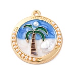 Alloy Enamel Pendants, with ABS Imitation Pearl, Cadmium Free & Nickel Free & Lead Free, Rack Plating, Flat Round with Coconut Tree Charm, Golden, Cornflower Blue, 27.5x24.5x5mm, Hole: 1.8mm(FIND-M060-10G)
