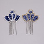 Crown Glitter Hotfix Rhinestone, Iron on Patches, Dress Shoes Garment Decoration, with Iron Tassel and Plastic Beads, Blue, 114x75x3mm(DIY-WH0265-17)