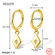 Real 18K Gold Plated 925 Sterling Silver Dangle Hoop Earrings for Women, Rhombus, 22.5mm(GN7396-1)