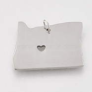 201 Stainless Steel Pendants, Map of Oregon, Stainless Steel Color, 16x21x1mm, Hole: 3mm(STAS-T038-82)