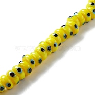Handmade Evil Eye Lampwork Beads, Flat Round, Yellow, 9.5~10.5x5~5.5mm, Hole: 3.5~4mm, about 30pcs/strand, 5.71~5.91 inch(14.5~15cm)(LAMP-F021-01B)