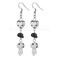 Natural Obsidian Chips Dangle Earrings, Mushroom & Heart Lampwork Long Drop Earrings with 304 Stainless Steel Pins, 73~74x11.5~12.5mm(EJEW-JE05432-01)