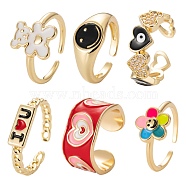 6Pcs 6 Styles Brass Micro Pave Cubic Zirconia Cuff Rings, Open Rings, Long-Lasting Plated, Mixed Color, Word I Love You & Heart with Evil Eye & Flower with Smiling Face & Bear & Smiling Face & Heart, Real 16K Gold Plated, Inner Diameter: 16.7~18.7mm, 1pc/style(RJEW-LS0001-48G)