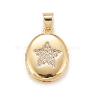 Brass Micro Pave Cubic Zirconia Locket Pendants, Photo Frame Charms for Necklaces, Real 18K Gold Plated, Lead Free & Cadmium Free, Oval with Star, Clear, 18.5x13.5x4.5mm, Hole: 4x3mm, Inner Diameter: 12x9mm(KK-A161-39A-G)
