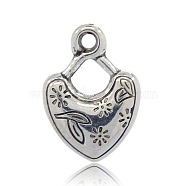 CCB Plastic Pendants, Heart with Flower Patterns, Antique Silver, 23x17x6mm, Hole: 2.5mm(CCB-J027-53AS)