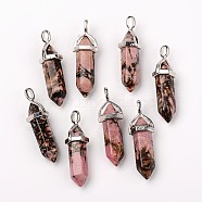 Natural Rhodonite Double Terminated Pointed Pendants, with Random Alloy Pendant Hexagon Bead Cap Bails, Bullet, Platinum, 37~40x12mm, Hole: 3mm(X-G-F295-05D)