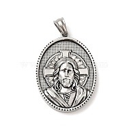 Tibetan Style 304 Stainless Steel Pendants, Religion, Oval with Man Pattern Charms, Antique Silver, 35.5x26x6mm, Hole: 5x7mm(STAS-G275-09AS)