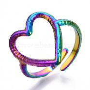 304 Stainless Steel Heart Cuff Ring, Open Ring for Women, Rainbow Color, US Size 8(18.7mm)(RJEW-N038-123M)