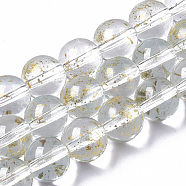 Transparent Spray Painted Glass Bead Strands, with Golden Foil, Round, Clear, 8~9mm, Hole: 1.2~1.5mm, about 46~56pcs/Strand, 14.37 inch~16.3 inch(36.5~41.4cm)(GLAA-N035-03C-B09)