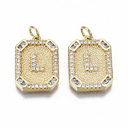 Brass Micro Pave Clear Cubic Zirconia Pendants, Nickel Free, Real 18K Gold Plated, Rounded Rectangle with Word, Letter.L, 19x14x2.5mm, Jump Ring: 5x0.7mm, 3mm inner diameter(KK-S356-234L-G-NF)