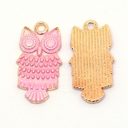 Alloy Enamel Pendants, Cadmium Free & Lead Free, Owl Shape, Golden, Pink, 24x12.5x2mm, Hole: 1.8mm(ENAM-TAC0001-33G-03)