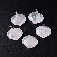 Natural Quartz Crystal Pendants, Rock Crystal Pendants, Love Heart Charms, with Platinum Tone Brass Snap on Bails, 24~25.5x25x9.5~10mm, Hole: 8x2.8mm(G-G956-D14)