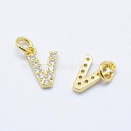 Brass Micro Pave Grade AAA Cubic Zirconia Charms, Letter V, Cadmium Free & Nickel Free & Lead Free, Real 18K Gold Plated, 9x6x1.5mm, Hole: 2mm(ZIRC-P067-11G-V-NR)