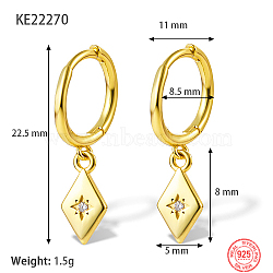 Real 18K Gold Plated 925 Sterling Silver Dangle Hoop Earrings for Women, Rhombus, 22.5mm(GN7396-1)