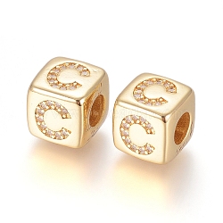 Brass Micro Pave Cubic Zirconia European Beads, Horizontal Hole, Large Hole Beads, Long-Lasting Plated, Cube with Letter, Golden, Clear, Letter.C, 9x9x9.5mm, Hole: 4.5mm(ZIRC-G162-13G-C)