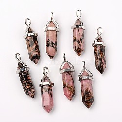 Natural Rhodonite Double Terminated Pointed Pendants, with Random Alloy Pendant Hexagon Bead Cap Bails, Bullet, Platinum, 37~40x12mm, Hole: 3mm(X-G-F295-05D)