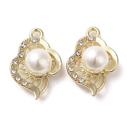 Alloy with Rhinestone Pendants, with ABS Imitation Pearl, Leaf Charms, Golden, 21.5x15x8mm, Hole: 1.6mm(FIND-B032-15G)