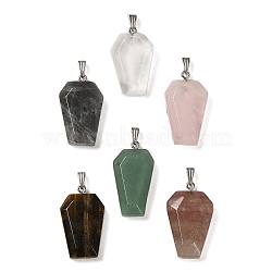 Natural Mixed Stone Pendants, Faceted Hexagon Charms with Rack Plating Stainless Steel Color Plated 201 Stainless Steel Snap on Bails, Cadmium Free & Lead Free, 33.5~36x19~21.5x7~8.5mm, Hole: 3x8mm(G-G004-06B-M01)
