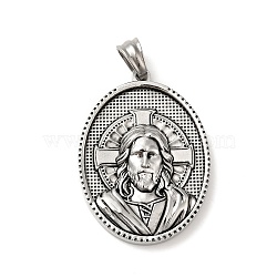 Tibetan Style 304 Stainless Steel Pendants, Religion, Oval with Man Pattern Charms, Antique Silver, 35.5x26x6mm, Hole: 5x7mm(STAS-G275-09AS)