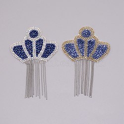 Crown Glitter Hotfix Rhinestone, Iron on Patches, Dress Shoes Garment Decoration, with Iron Tassel and Plastic Beads, Blue, 114x75x3mm(DIY-WH0265-17)