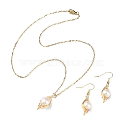 Natural Pearl Pendant Necklace & Dangle Earrings, 304 Stainless Steel Wire Wrap Jewelry Set for Women, Golden, 449mm, 42mm, Pin: 0.6mm(X-SJEW-JS01276)