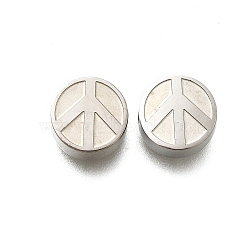 Brass Beads, Lead Free & Cadmium Free, Rack Plating, Platinum, Flat Round, Peace Sign, 9x4.8mm, Hole: 1.6mm(KK-D339-14P-02)