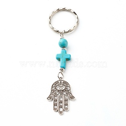 Synthetic Turquoise beads Keychain, with Tibetan Style Alloy Pendants, Spacer Beads and Iron Eye Pin, Cross & Hamsa Hand/Hand of Fatima/Hand of Miriam with Eye, 10cm(KEYC-JKC00267-02)