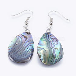 Abalone Shell/Paua Shell Dangle Earrings, with Brass Findings, Drop, Platinum, 52~52.5mm, Pin: 0.7mm(EJEW-P148-03-01)
