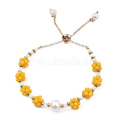 Natural Pearl & Glass Braided Slider Bracelet, Beaded Crochet Adjustable Bracelet for Women, Gold, Inner Diameter: 1-3/4 inch(4.5cm)(BJEW-N018-01D)