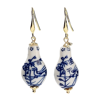 Gourd Porcelain Dangle Earrings, Rack Plating Brass Earrings for Wome, Golden, 54~55x16mm