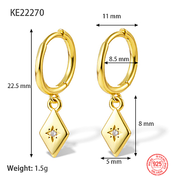 Real 18K Gold Plated 925 Sterling Silver Dangle Hoop Earrings for Women, Rhombus, 22.5mm